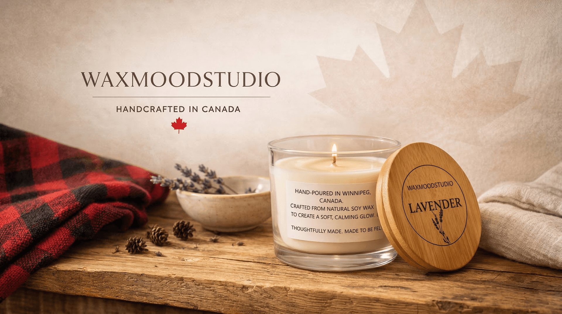 Wax Mood Studio hand-poured soy candle on a wooden table